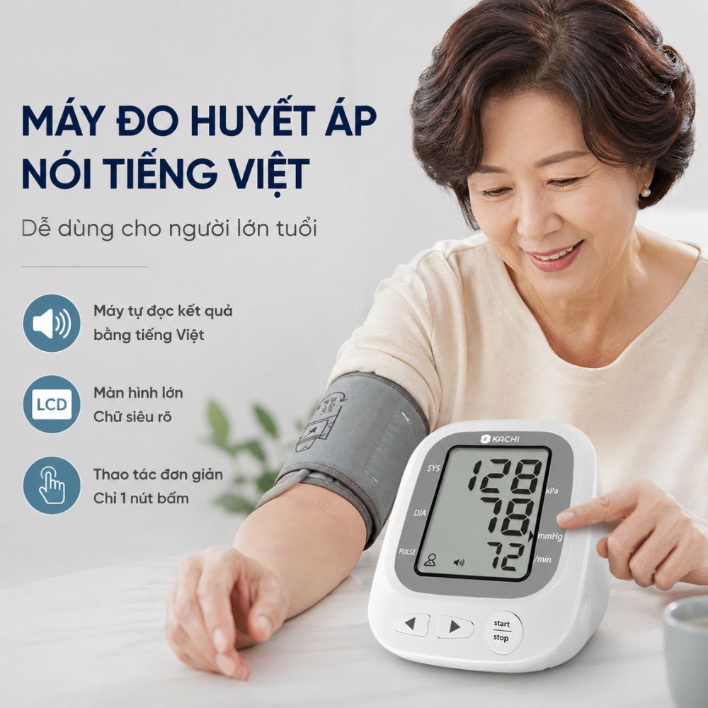 Máy đo huyết áp bắp tay Kachi JN-163B có trợ lý đọc kết quả tiếng Việt hỗ trợ người cao tuổi mắt kém - Hàng chính hãng