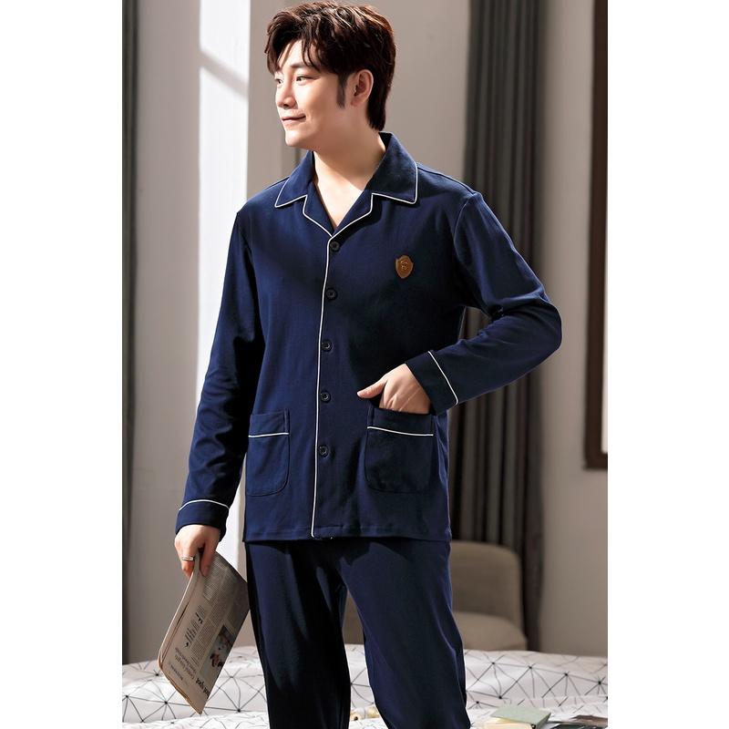 0113-Bộ Pijama nam dài tay cotton 100% màu xanh navy gọn dáng, phù hợp những ai thích đơn giản, sang trọng (M0113)