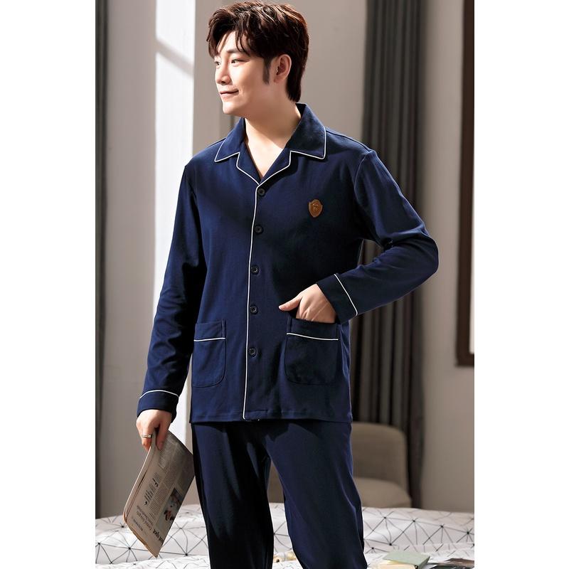 0113-Bộ Pijama nam dài tay cotton 100% màu xanh navy gọn dáng, phù hợp những ai thích đơn giản, sang trọng