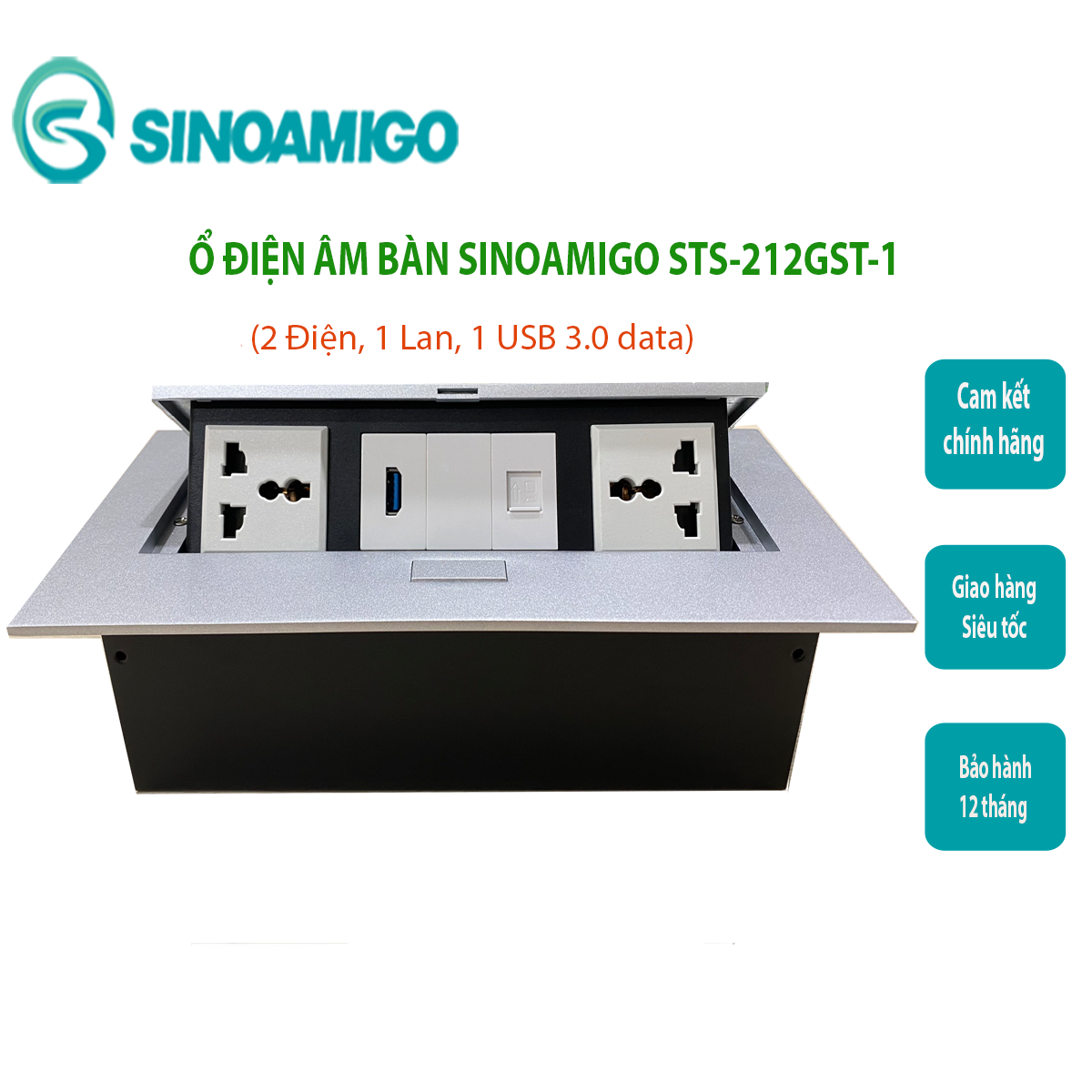 Hộp ổ cắm điện âm bàn tích hợp Lan, USB data 3.0 Sinoamigo STS-212GST-1 chính hãng