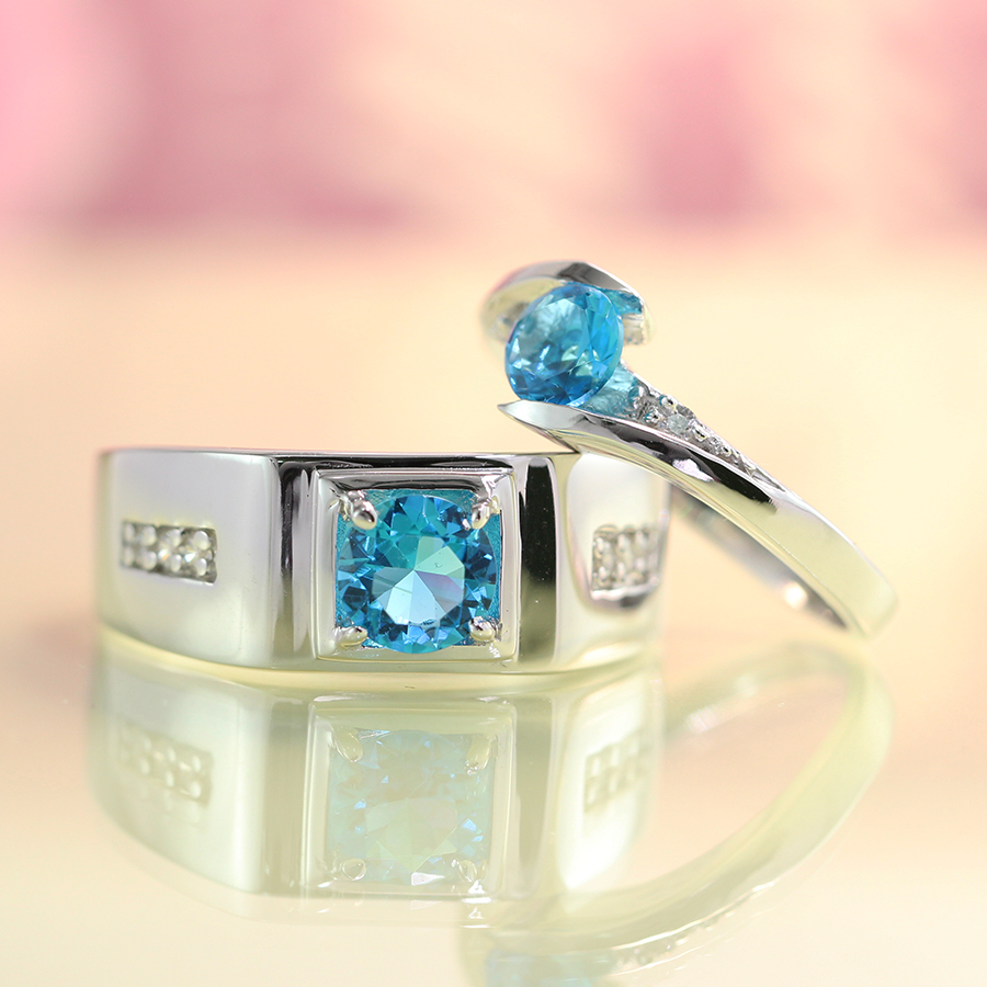 Nhẫn đôi bạc nhẫn cặp bạc đính đá xanh dương ND0042