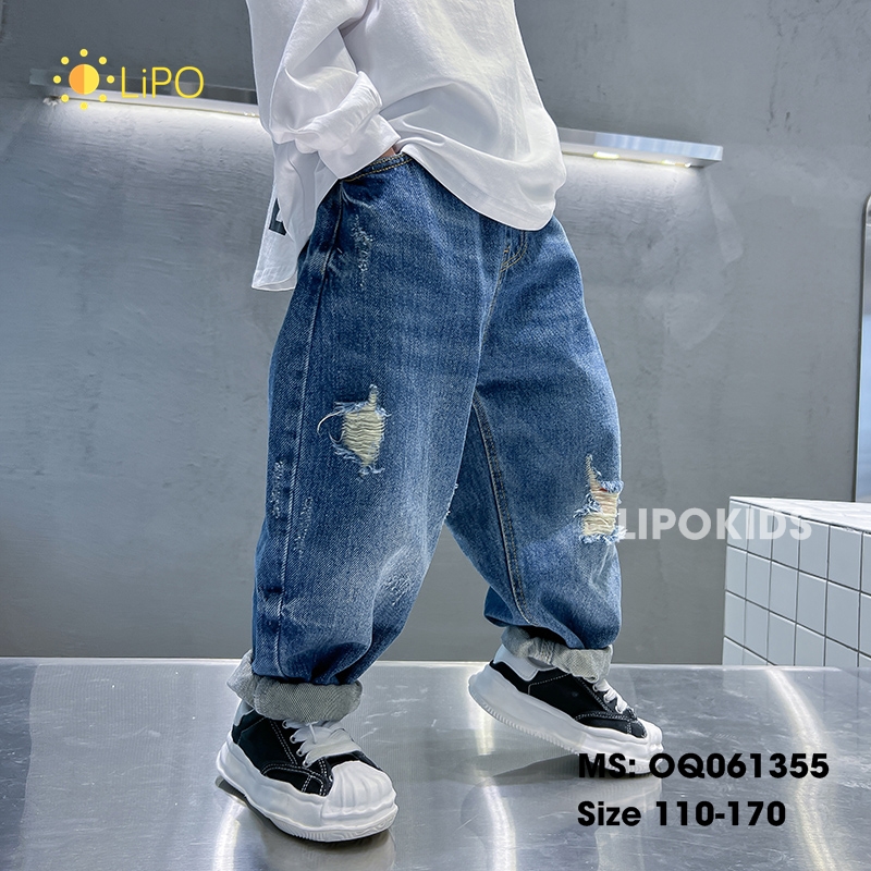 Quần jean bé trai size đại, Quần bò cho bé trai màu Xanh ống rộng 4 5 6 7 8 9 10 12 14 tuổi OQ061 Lipokids