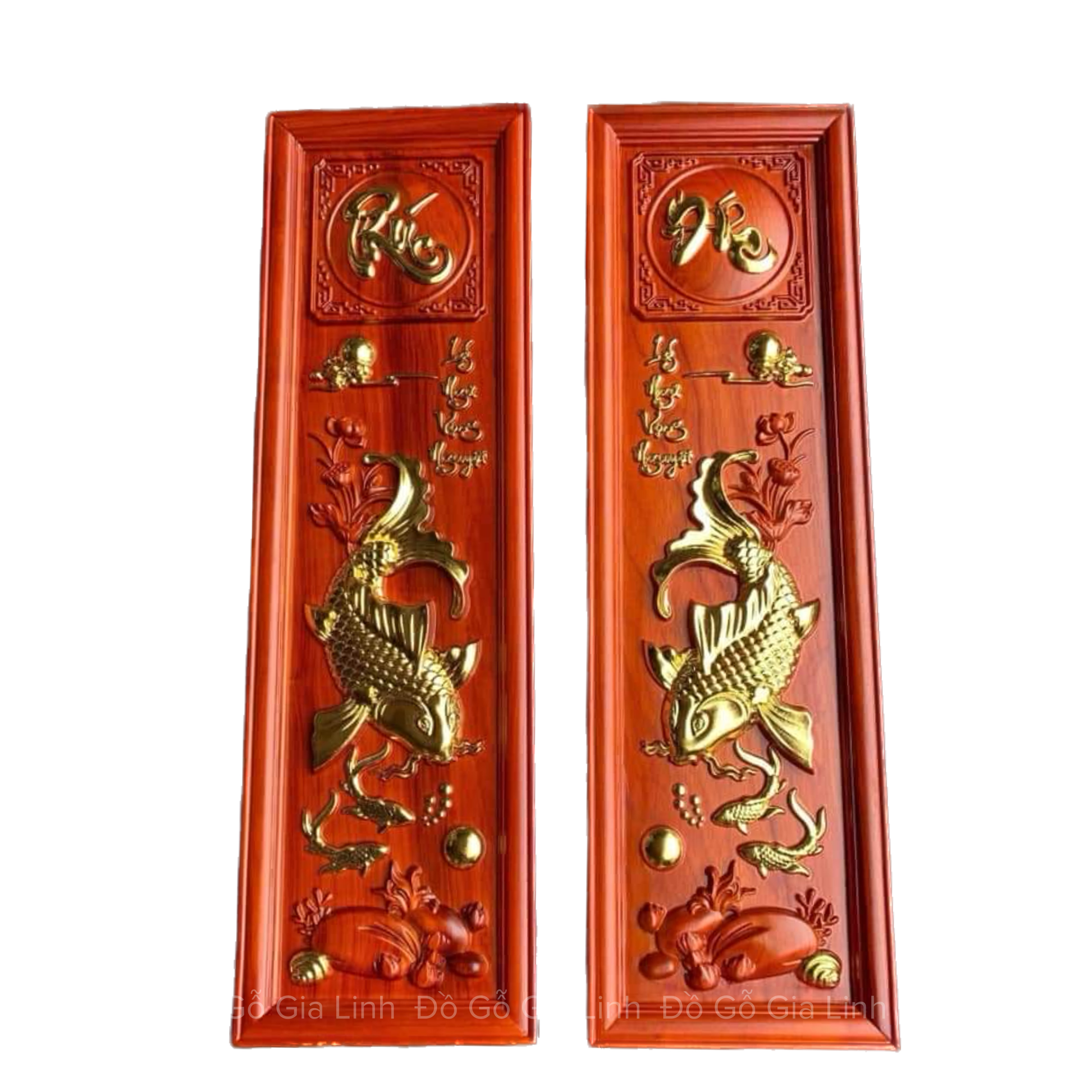 Bộ tranh Phúc Đức Cá Chép Đồ Gỗ Gia Linh gỗ Hương đỏ dát vàng
