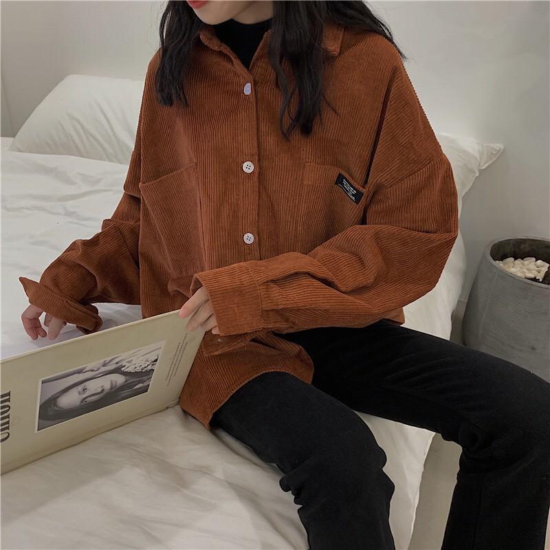 Áo Khoác Sơ Mi Nhung Gân Form Rộng Nam Nữ Unisex Logo Thêu Cá Tính