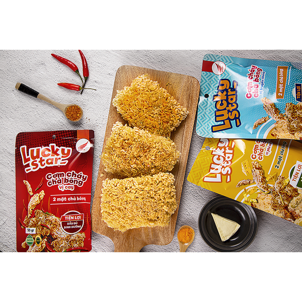 Cơm cháy chà bông cay Lucky Star gói 50g nước sốt siêu cay đậm vị đồ ăn vặt dinh dưỡng Việt Nam đảm bảo ATTP
