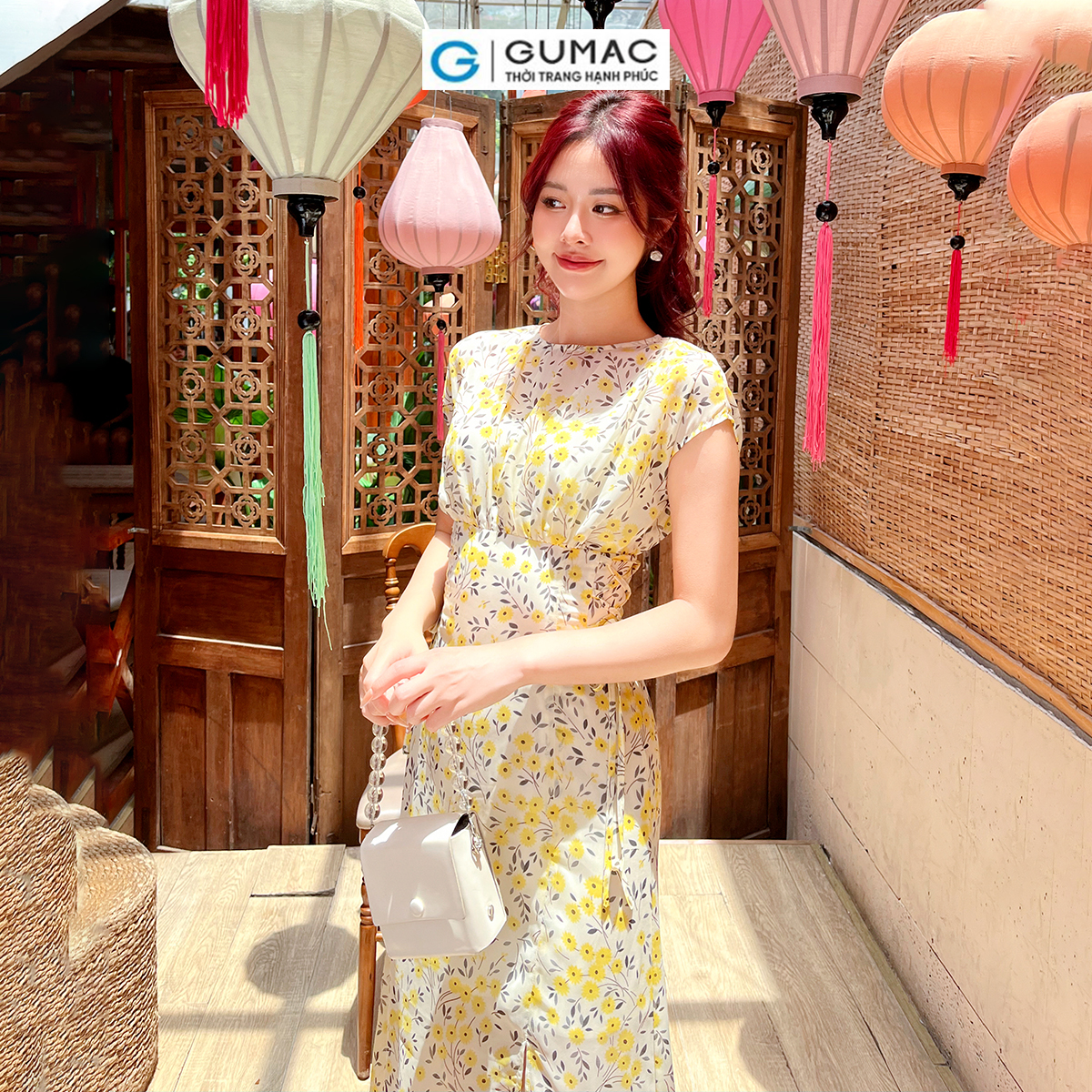 Đầm họa tiết hoa kiểu phối dây eo thời trang nữ tính thanh lịch GUMAC DD07031