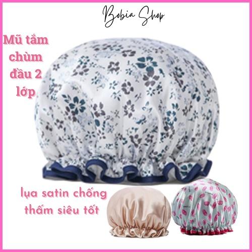 Mũ tắm, mũ ủ tóc lụa satin 2 lớp dày dặn chống thấm nước tốt