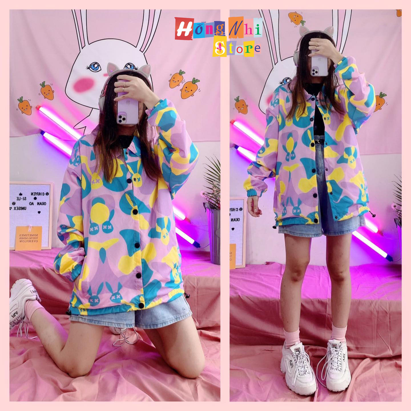 Áo Khoác Dù 3D Nút Bóp Dáng Rộng Unisex - Khoác Dù In Hình Mickey Nút Gài Dây Rút Dáng Dài - MM