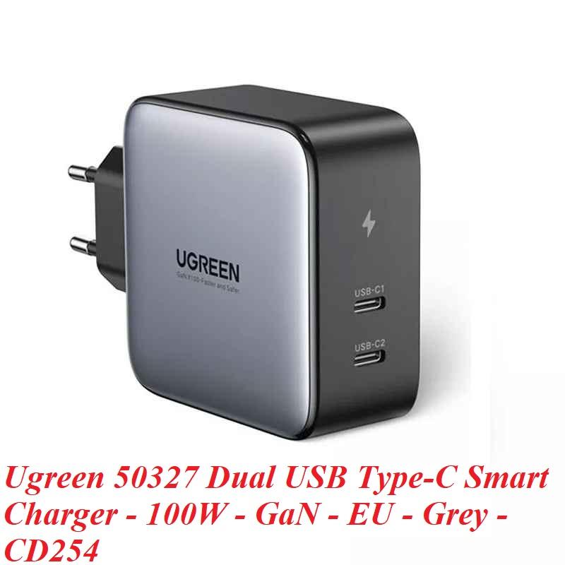 Ugreen UG50327CD254TK 100W 2c chuẩn cắm EU chân tròn Màu Xám Củ sạc nhanh 2 cổng USB type C - HÀNG CHÍNH HÃNG