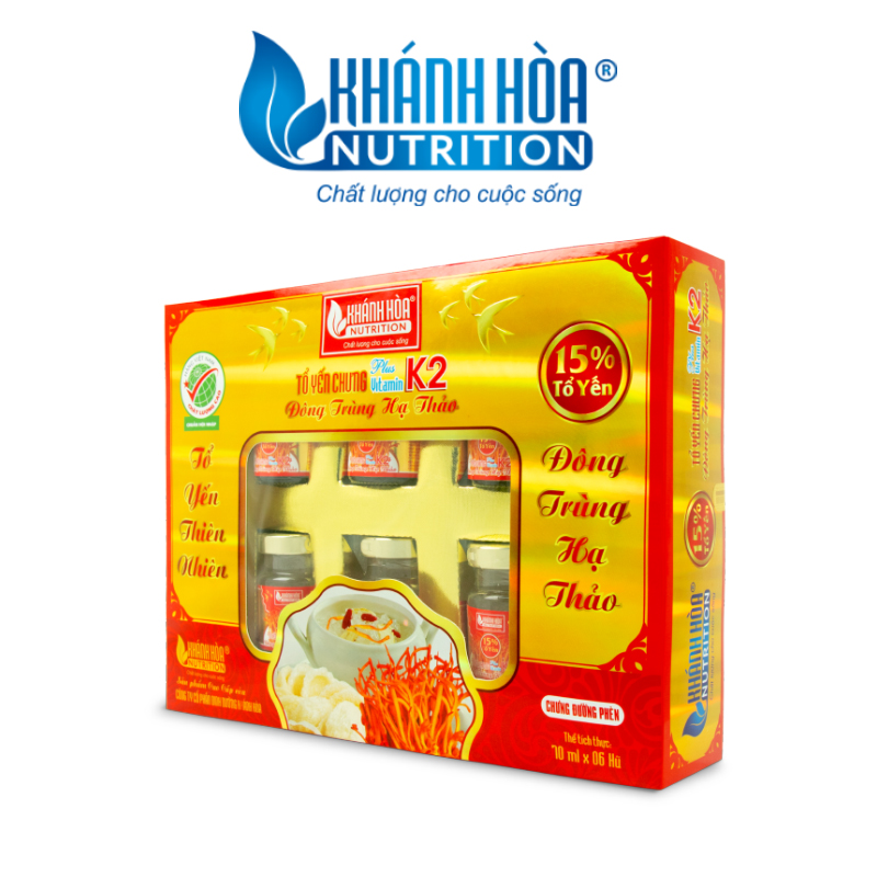 Hộp Quà Tổ Yến Chưng Đông Trùng Hạ Thảo 15% Tổ Yến Bổ Sung Vitamin K2 - Khánh Hòa Nutrition - Hộp 6 lọ x 70ml