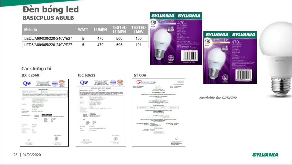 Bóng Đèn LED SYLVANIA Abulb 5W/450lm/6500K/E27/A60 - Ánh Sáng Trắng - Hàng Chính Hãng