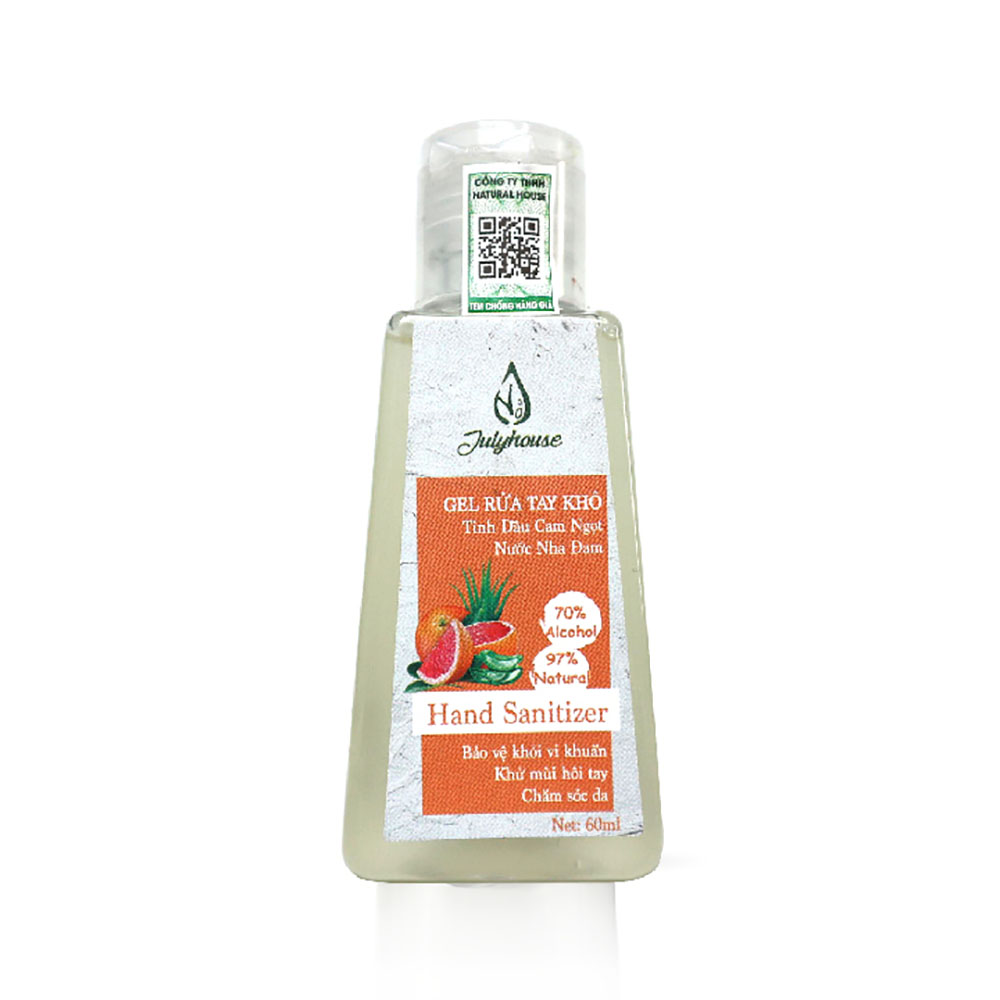 Gel rửa tay khô tinh dầu Cam và Nha Đam 60ml JULYHOUSE giúp sạch tay, kháng khuẩn, an toàn cho da, hương thương tinh dầu thư giãn