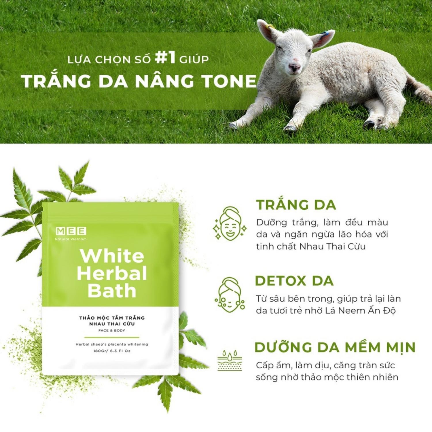 Tắm Trắng Body Nhau Thai Cừu - Bột Sữa Dưỡng Trắng Da Mặt Thảo Mộc Mee Natural White Herbal Bath 180gr