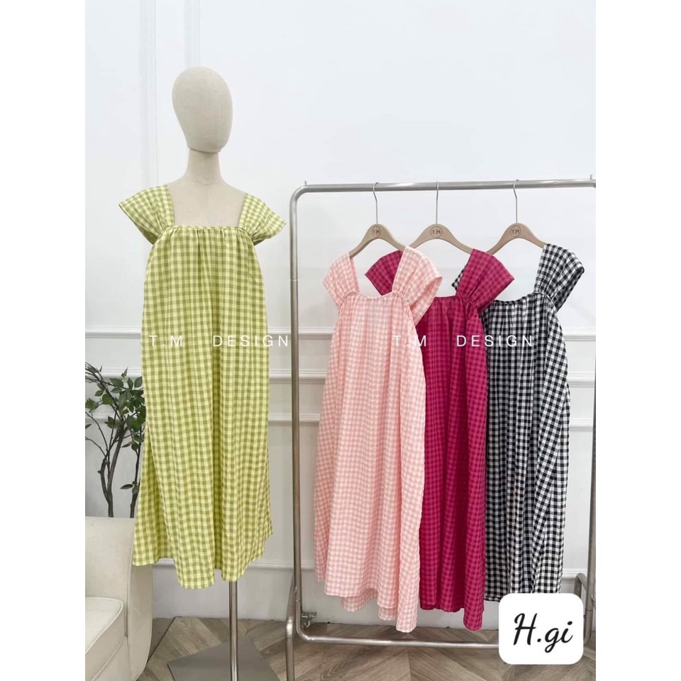 Váy maxi kẻ đũi bo chun ngực tay bè xinh dáng dài ba màu