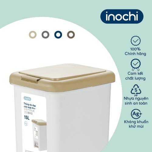 Thùng rác đạp chữ nhật Inochi- Hiro 15L (loại kèm ruột) Thân màu Trắng kem+ Nắp Ghi/Xanh/Nâu/Be