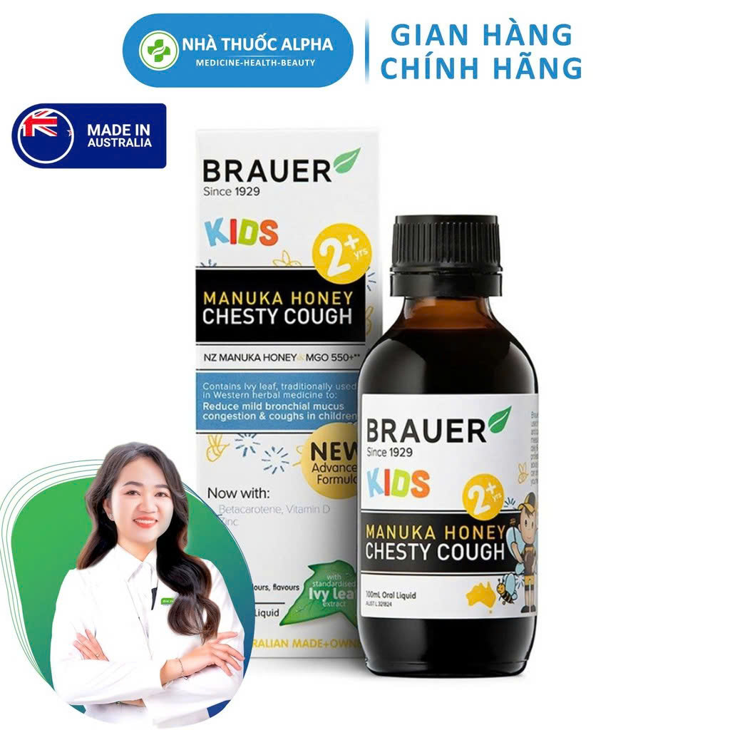 Siro Brauer hỗ trợ giảm ho có đờm dạng lỏng cho trẻ từ 2 tuổi 100ml Maunuka Honey Chesty Cough