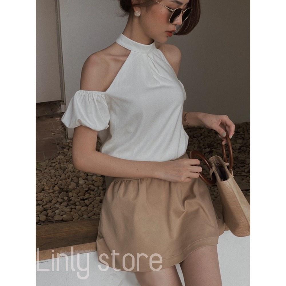 Áo trễ vai croptop tay bồng - Áo kiểu nữ chất Linen, thiết kế cổ yếm 2021