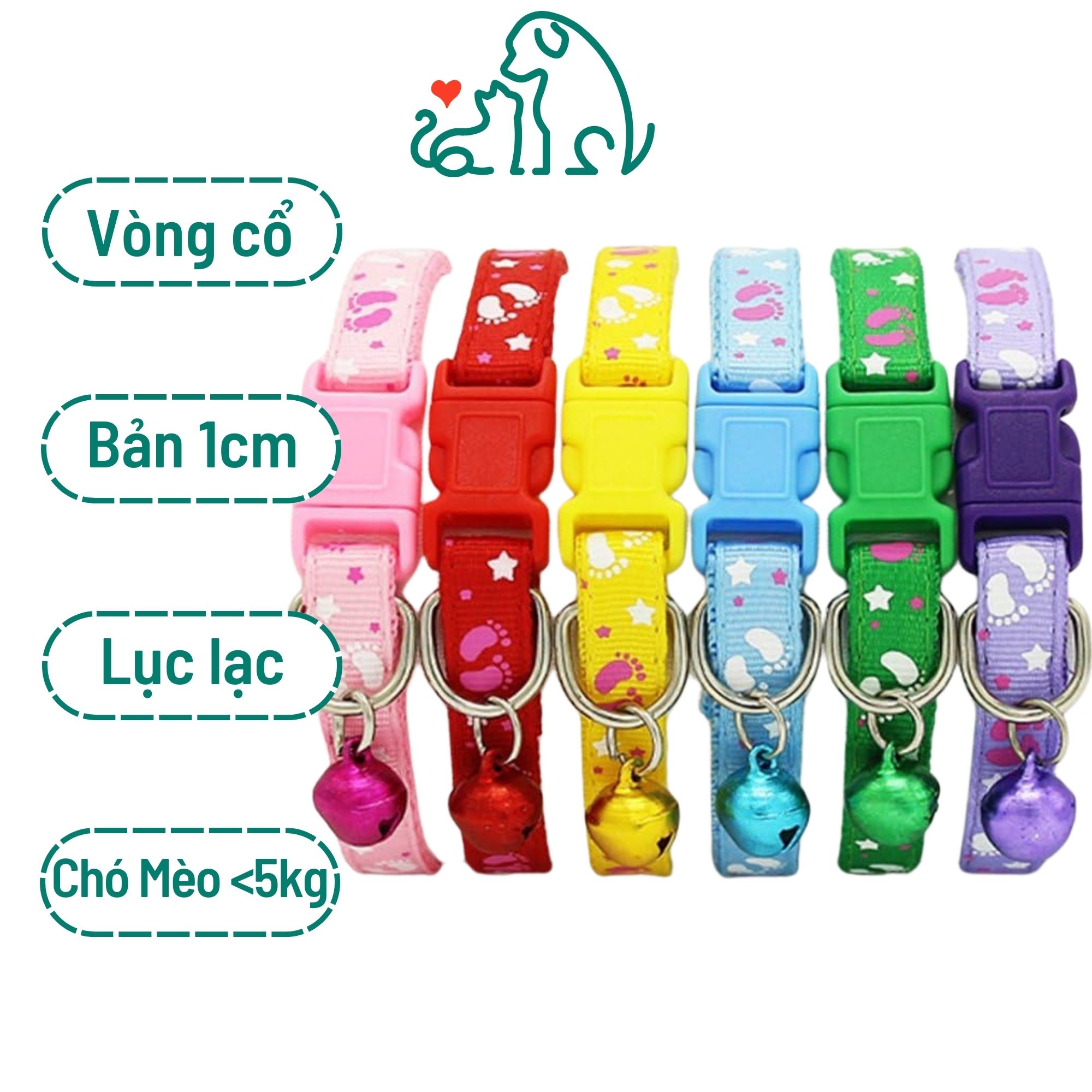 Vòng cổ chó mèo thú cưng 1cm họa tiết dấu chân ngôi sao đủ màu &lt;5kg