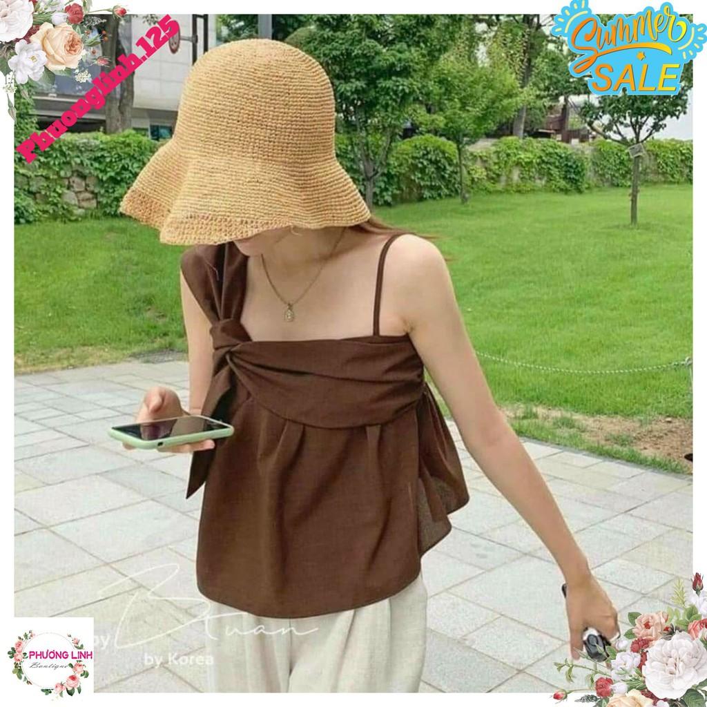 SET BỘ ÁO NÂU DÂY LỆCH VAI+ QUẦN BE
