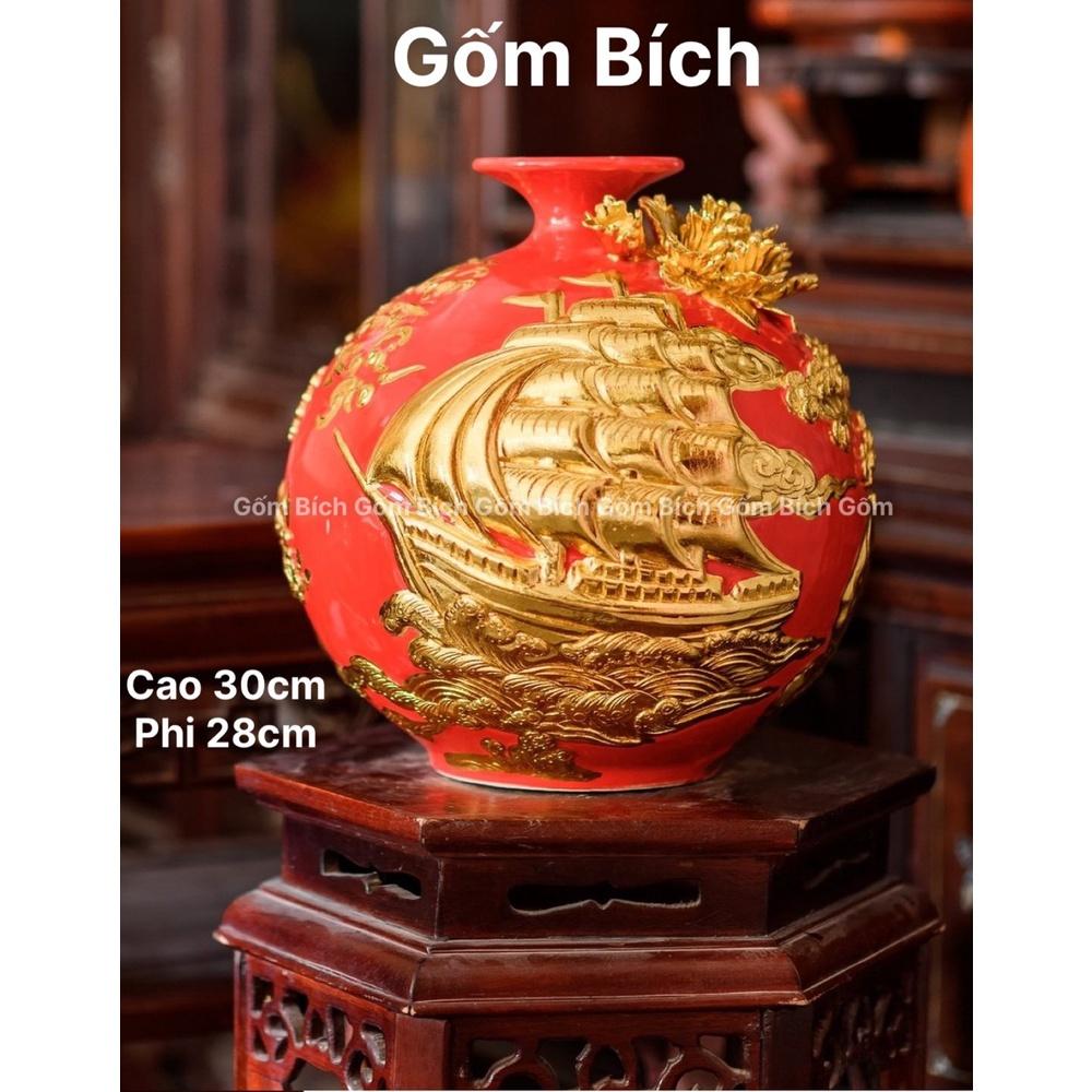 Bình Hút Tài Lộc Cao 30cm Thuận Buồm Xuôi Gió Đắp Nổi Dát Vàng Gốm Sứ Bát Tràng - Gốm Bích