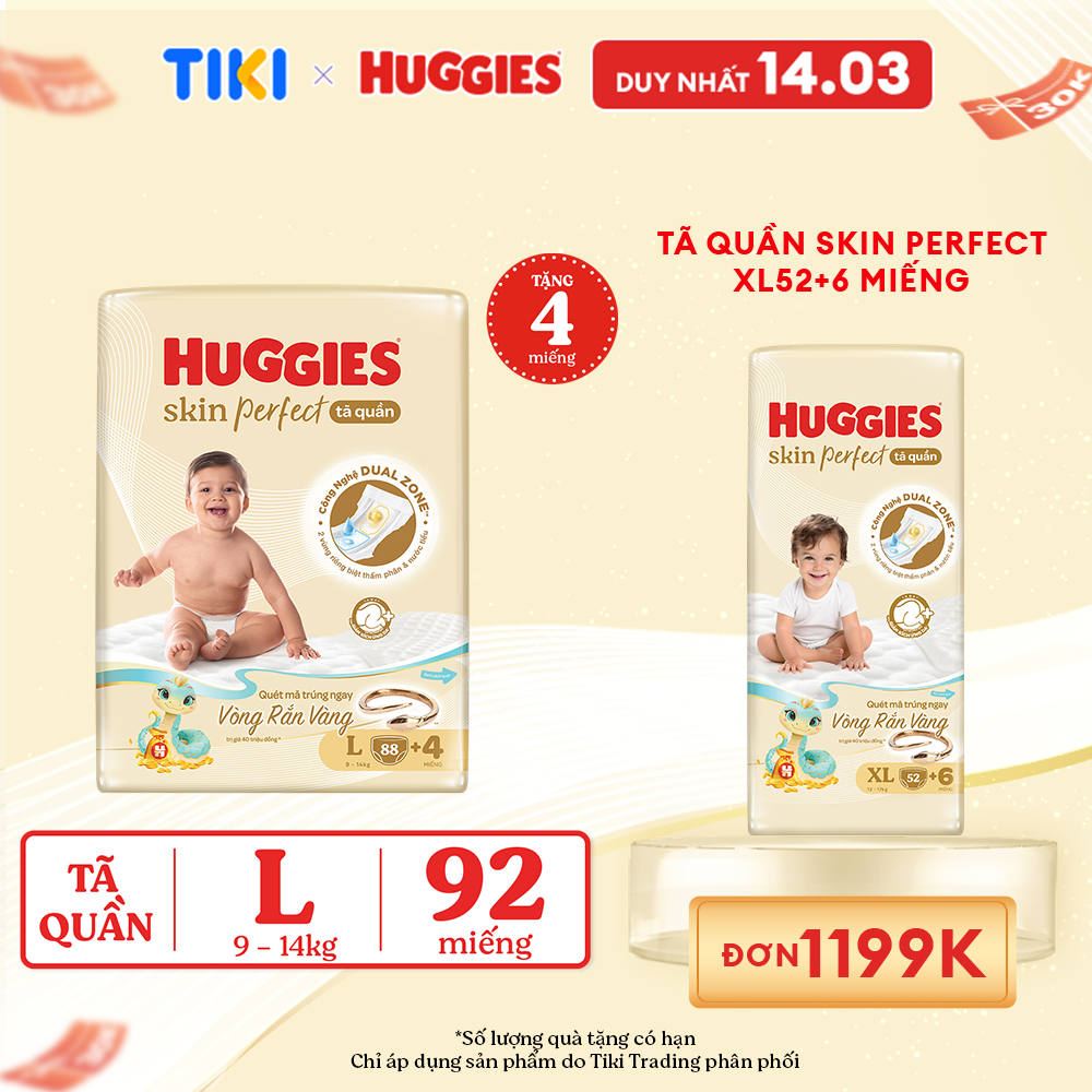 [Phiên bản Rắn vàng giới hạn] Tã quần Huggies Skin Perfect Mega Jumbo L88+4 với 2 vùng thấm giảm kích ứng da