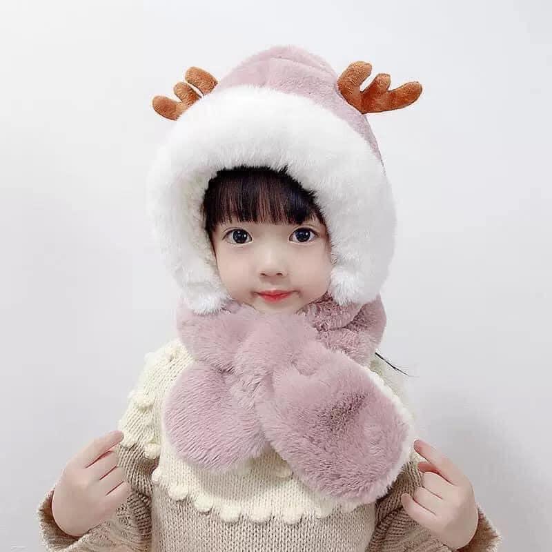 Mũ trẻ em mùa đông lót lông sừng hươu cute nón kèm khăn siêu ấm tai gấu thỏ cho bé