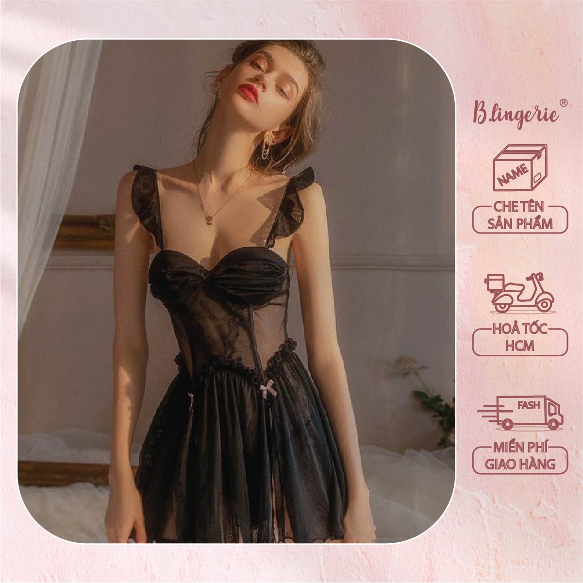 Váy Ngủ Nữ Ren Xẻ Tà Gợi Cảm - B.Lingerie