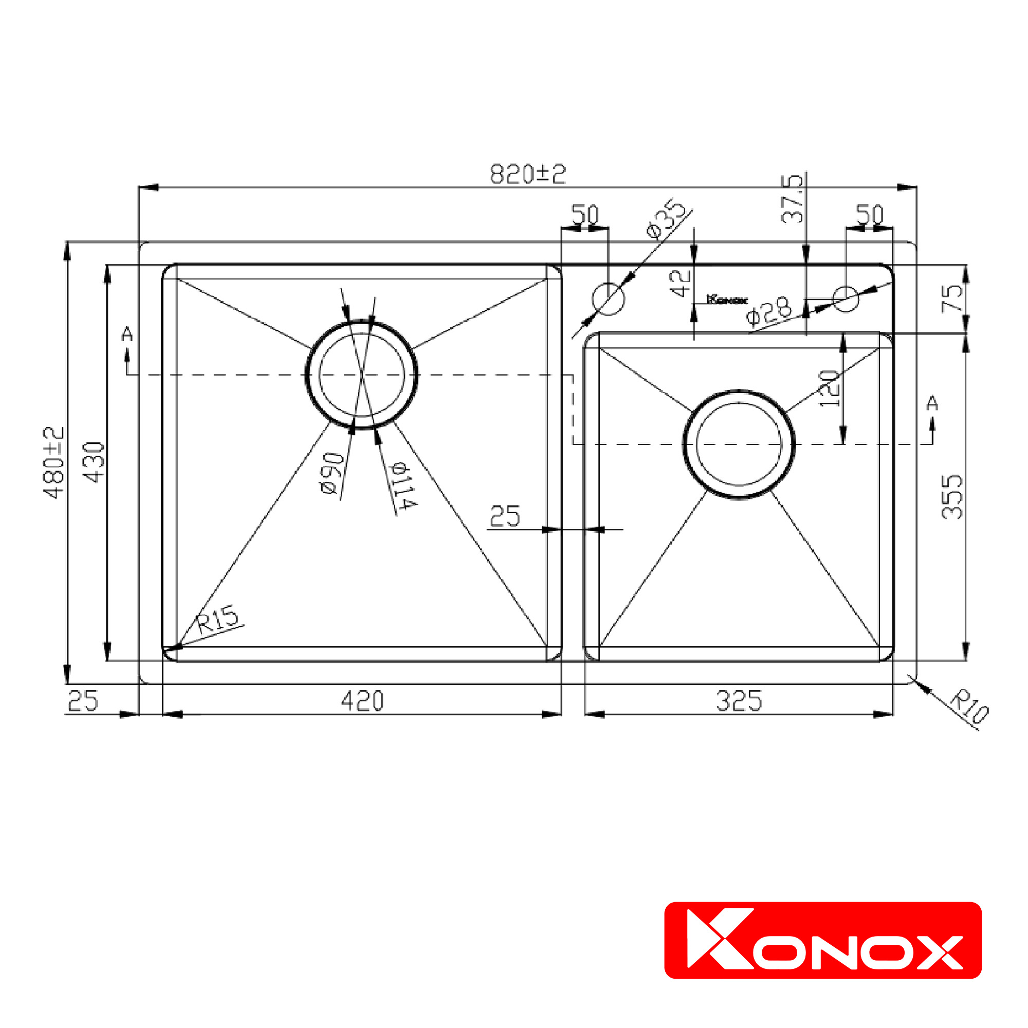 Chậu rửa bát Konox, Overmount Series, Model KN8248DO, Inox 304AISI tiêu chuẩn châu Âu, 820x480x228(mm), Full set gồm Siphon + giá úp bát inox, Hàng chính hãng