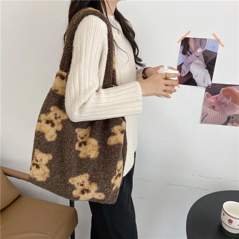 Đeo Vai Túi Tote Nữ Thịt Cừu Giống Như Chất Liệu Vải Bố Lông Tơ Lông Gấu Túi Xách Tay Công Suất Lớn Mềm Mại Mua Sắm Túi Bé Gái Dễ Thương Trường túi
