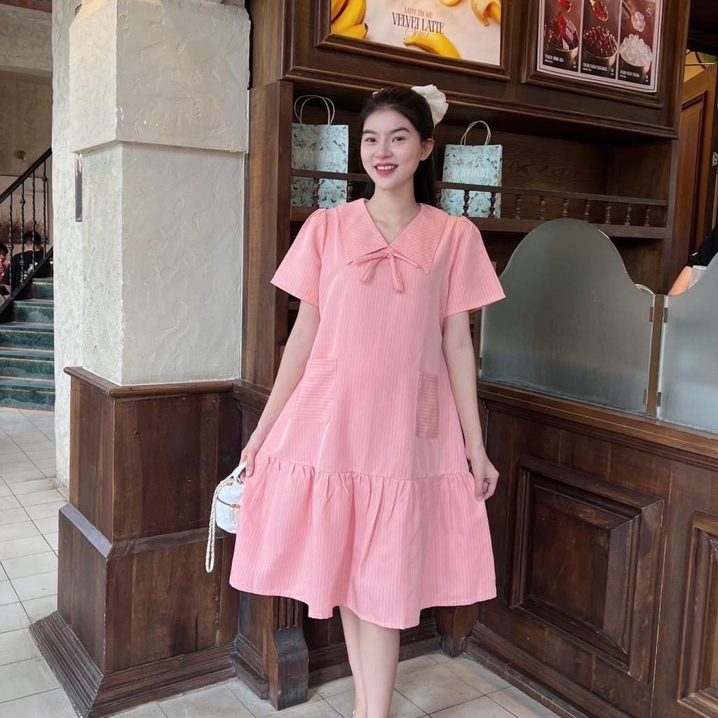 Đầm bầu sọc chỉ phom suông đuôi cá phối túi 2 bên dễ thương - Da