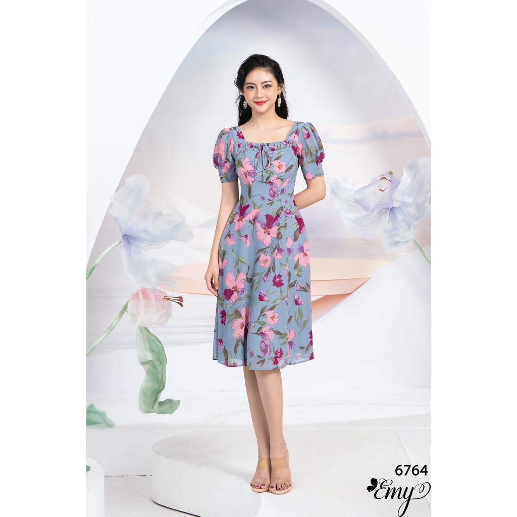 Đầm EMY EM6764 Xoè Cổ Vuông Thắt Dây Nơ