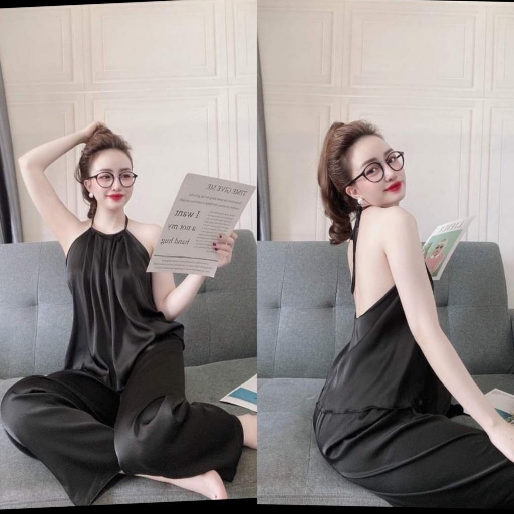 Set bộ quần áo mùa hè, đồ bộ ngủ nữ cổ yếm hở lưng quần dài vải satin
