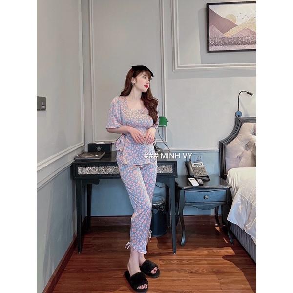 Bộ Pijama Tay Rơi Cổ Vuông Lụa Cao Cấp Họa Tiết Đẹp Mềm Mượt_Minh Vy