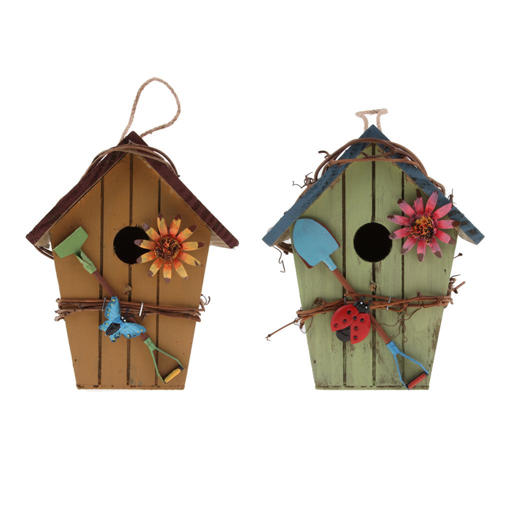 2x Wooden Bird House, Hanging Birdhouse for Outside, Handmade Outdoor Bird House