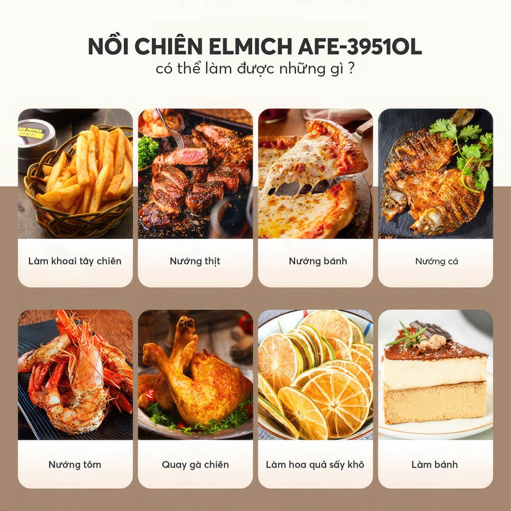 Nồi chiên không dầu Elmich 8.3L AFE-3951OL, công suất lớn 1800W – 2150W, làm chín thức ăn nhanh, chất liệu chống dính cao cấp, an toàn cho sức khỏe - Hàng chính hãng