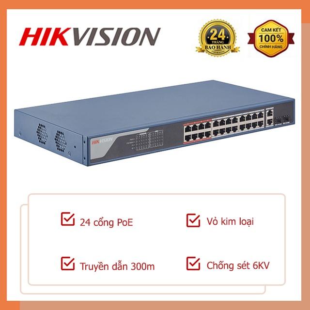 Switch Mạng Thông Minh 24 Cổng PoE HIKVISION, 2 cổng quang,Chống sét 6KV,chuẩn IEEE 802.3af/at,gói tin: 6.5472 Mpps - Hàng Chính Hãng