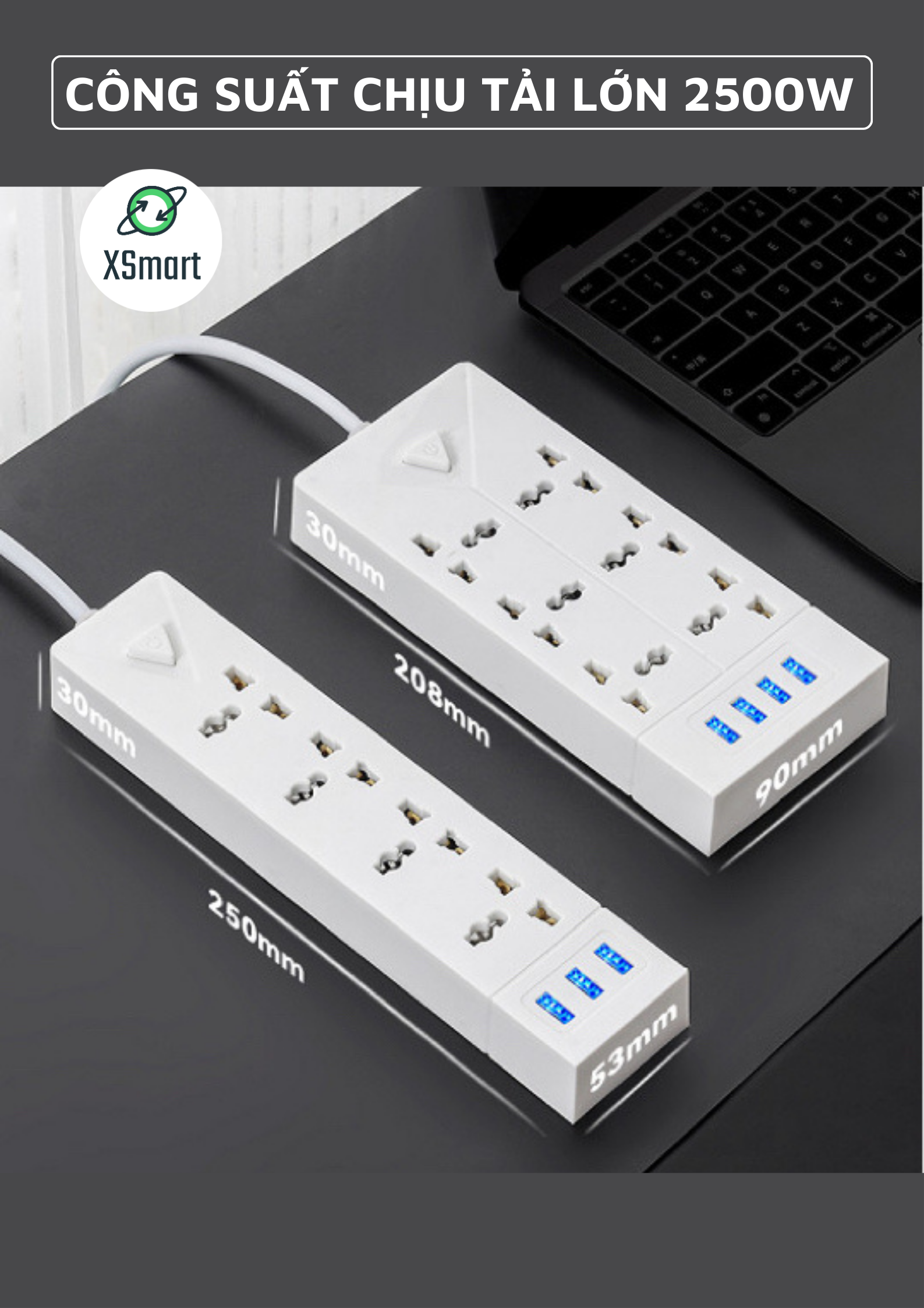 Ổ Cắm Điện Đa Năng Chịu Tải 2500w Cắm Mọi Thiết Bị Tích Hợp Cổng USB 5V Tiện Lợi Dây Dài 2,8 Mét Chống Cháy Nổ Cực An Toàn -Hàng Chính Hãng