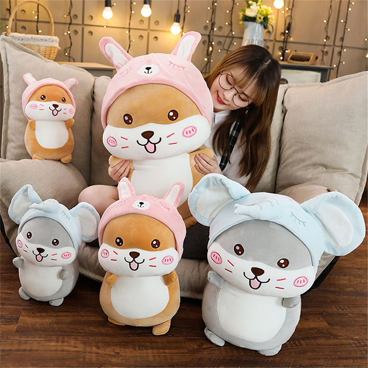 Gấu bông, Gối Ôm chuột hamster mũ xanh siêu cute, Thú nhồi bông chuột hamster mũ xanh siêu cute, Gấu bông sang trọng, Đồ chơi thú bông