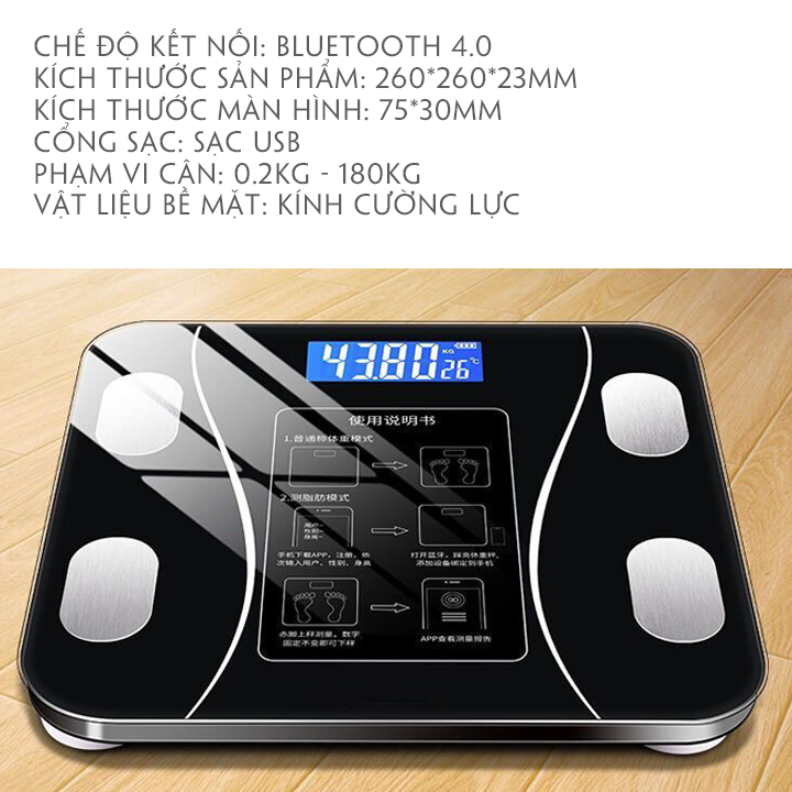 Cân điện tử phân tích chỉ số sức khỏe kết nối điện thoại Sạc USB cảm biến nhiệt độ