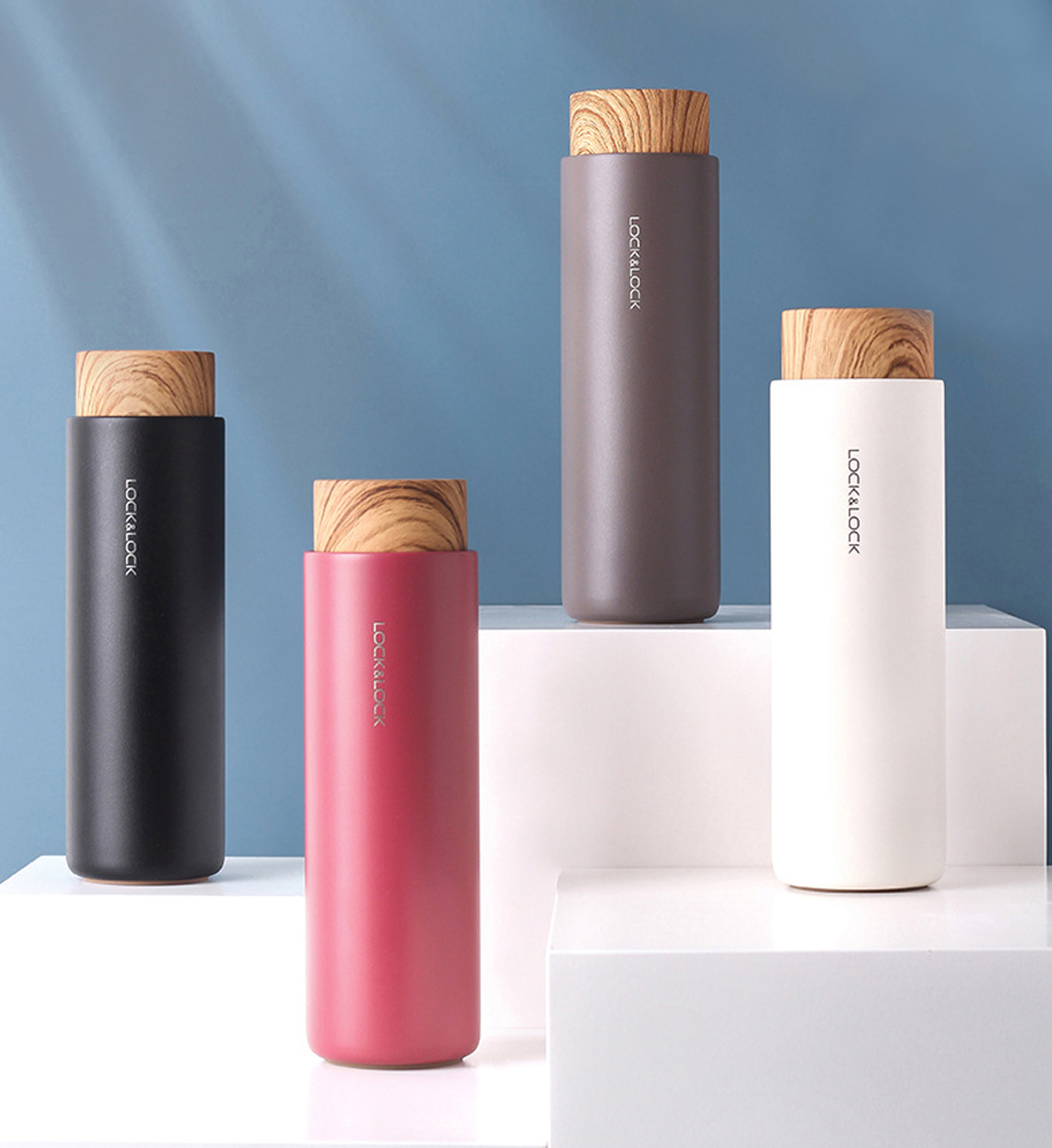 Bình giữ nhiệt Lock&amp;Lock Flat 400ml màu trắng LHC4227WHT - Hàng chính hãng, có khay lưới lọc trà, nắp nhựa kiểu gỗ - JoyMall