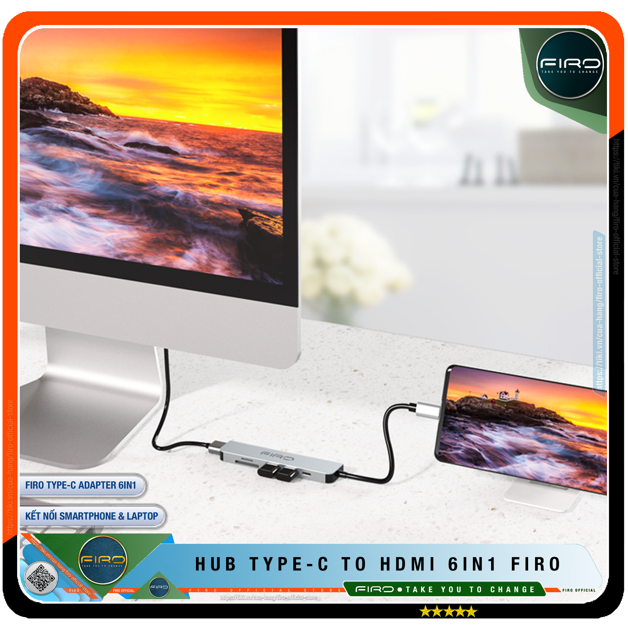 Hub USB Type-C To HDMI FIRO 6in1 - Hub Chuyển Đổi Type-C Chia 6 Cổng - 1 Cổng HDMI 4K, 2 Cổng USB 3.0, 2 Khe Đọc Thẻ TF Và SD, 1 Cổng Sạc Nhanh Type C PD - Kết Nối Tốc Độ Cao - Hub USB FIRO – Hàng Chính Hãng