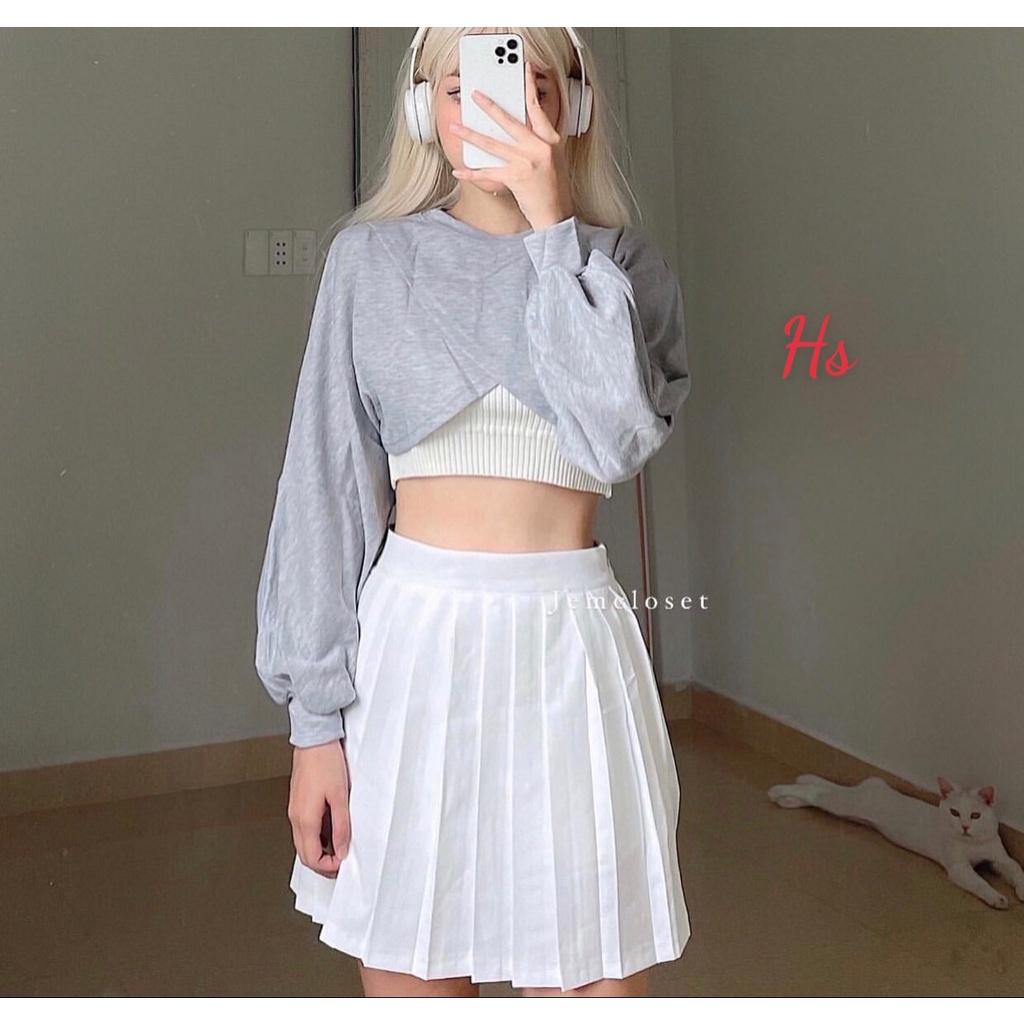 Áo croptop tay dài form rộng, áo kiểu nữ croptop tay phồng co giãn tặng kèm bra Ulzzang, phong cách Hàn Quốc, AO011