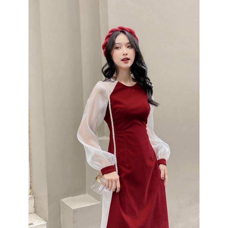 Áo Dài Cách Tân Nhung Đỏ Trơn Phối Tay Voan Trắng- Áo Dài Nguyễn Phan