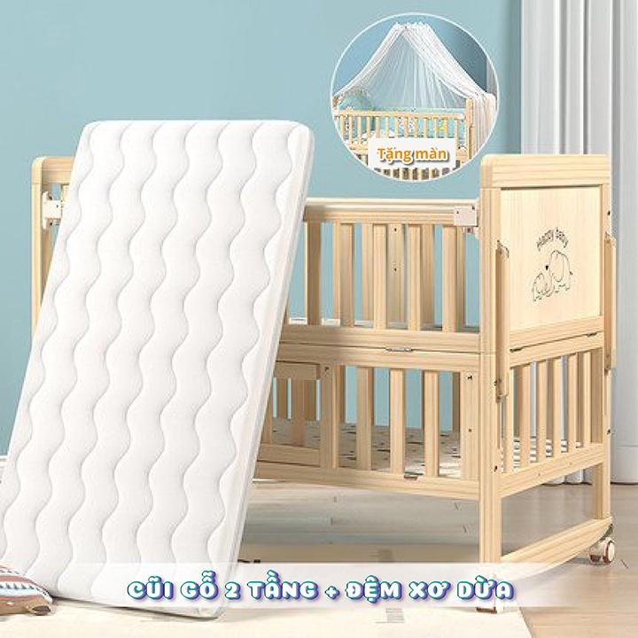 Nôi cũi gỗ cho bé trọn bộ đa năng có đệm xơ dừa dày 5cm kích thước 105*60*90cm