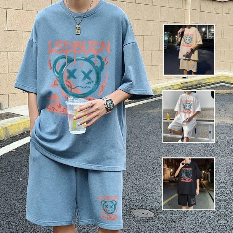 Set Bộ quần áo thể thao unisex in hình gấu,Bộ đùi cổ tròn tay lỡ mặc nhà cotton form rộng mẫu hè mới