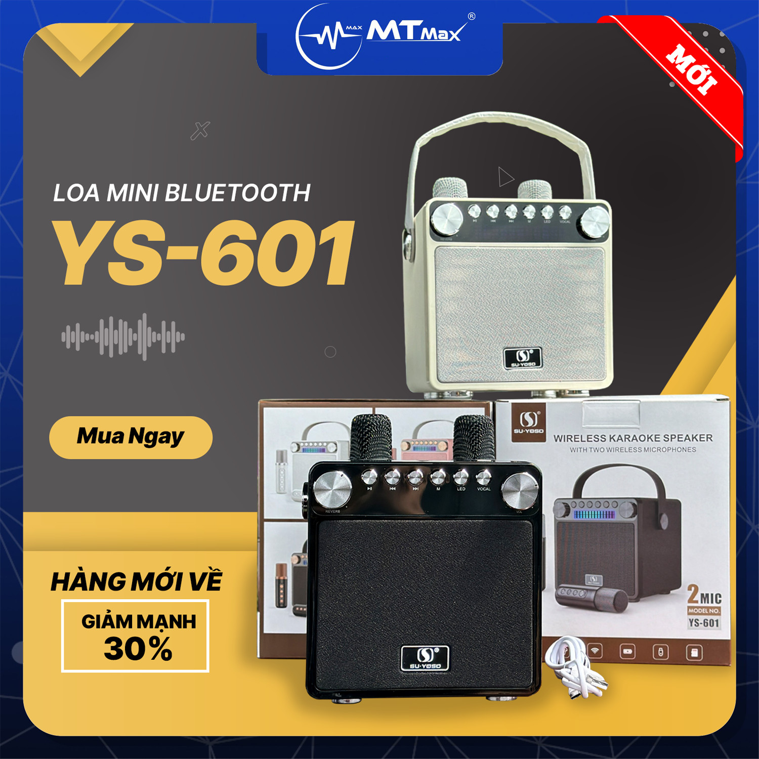 Loa Bluetooth Mini YS-601, Công Suất 35W, Nhỏ Gọn, Âm Thanh Cực Hay, Bass Căng, Đi Kèm 2 Micro Karaoke Thay Đổi Giọng Nói, Bảo Hành 6 Tháng Hàng Chính Hãng