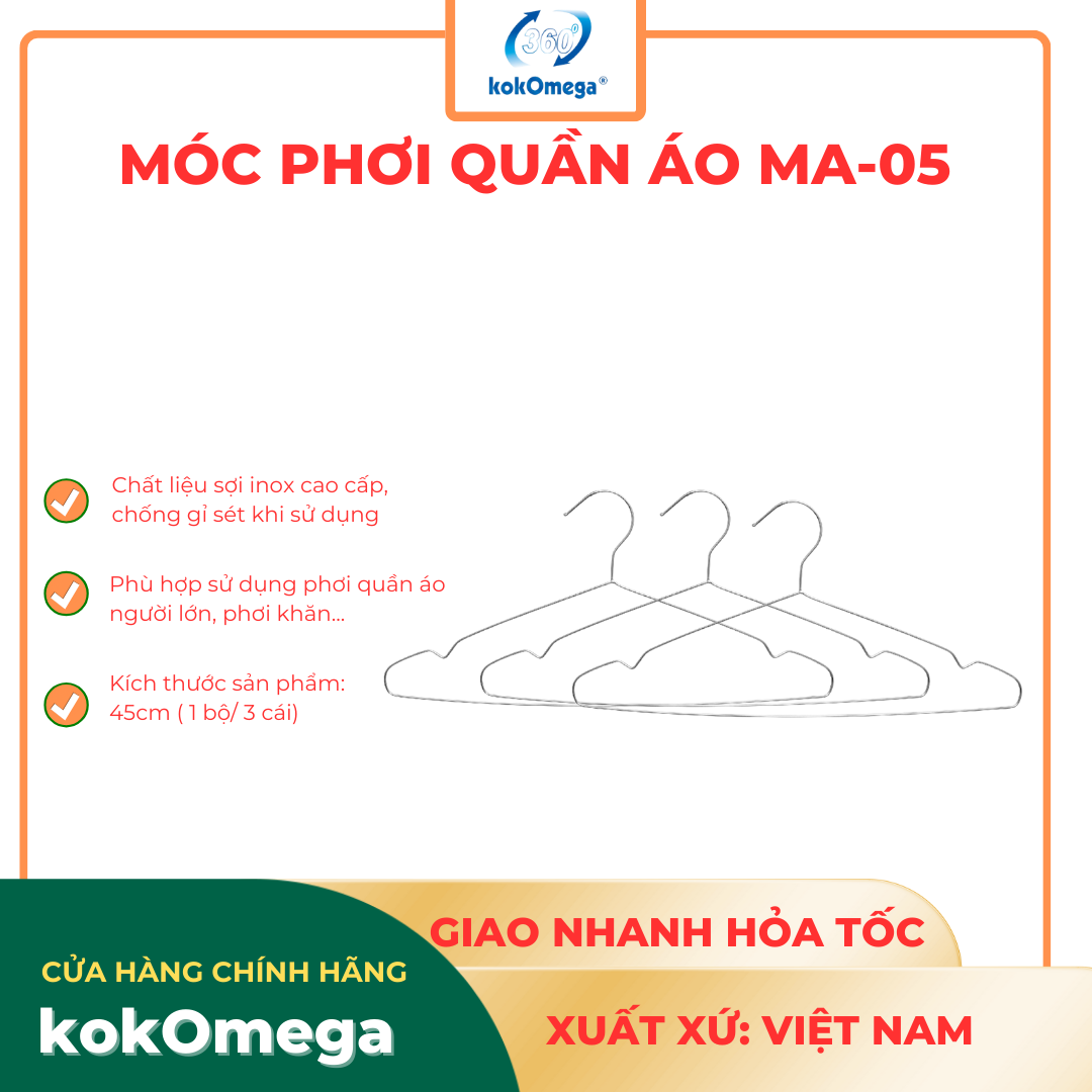 Bộ 3 Móc Áo Inox Không Gỉ Sét Cao Cấp kokOmega - ( MA-05)