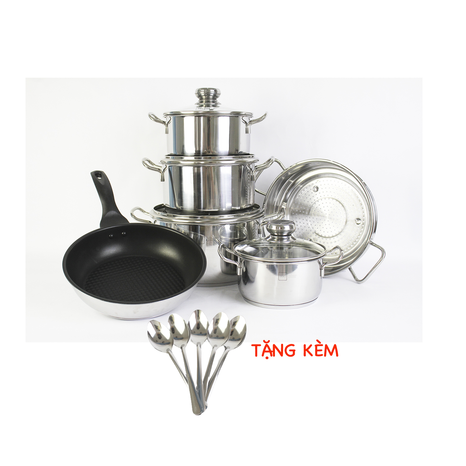 Bộ nồi xửng chảo 3 đáy inox 430 cao cấp FiveStar Standard 6 món bếp từ nắp kính tặng 5 muỗng inox