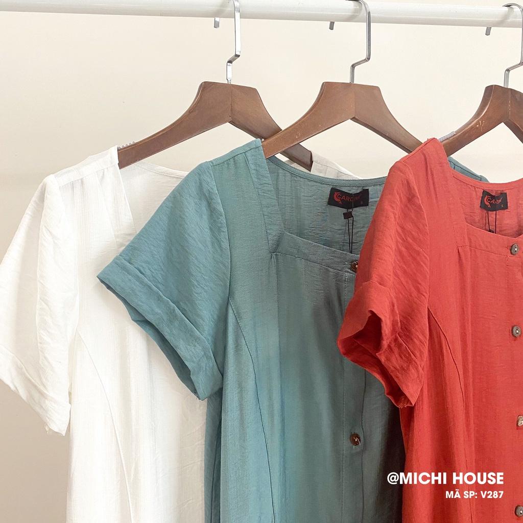 Váy suông đũi bamboo cổ vuông, đầm dáng suông đủ size, váy xuất Nhật, mã VS287 - Michi House