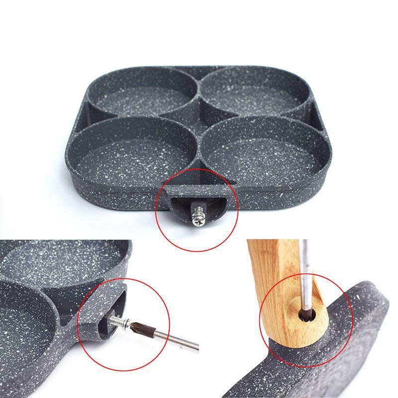 SP1715 Chảo Chiên Trứng 4 Ngăn - Chảo Làm Bánh 4 Lỗ Chống Dính- Chống Dính Tay Cầm Gỗ